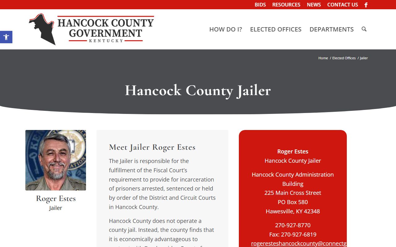Hancock County jailer page explaining contract jail custody for inmate population records